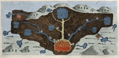 Dwarsdoorsnede van de aardkorst waarmee Athanasius Kircher de oorsprong van de thermale bronnen demonstreert - 17e eeuw door Unknown artist
