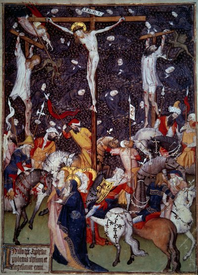 Kruisiging. Zwarte engelen vliegen rond de lichamen van de veroordeelden. Romeinen te paard draaien rond het kruis om de scène te aanschouwen door Unknown artist