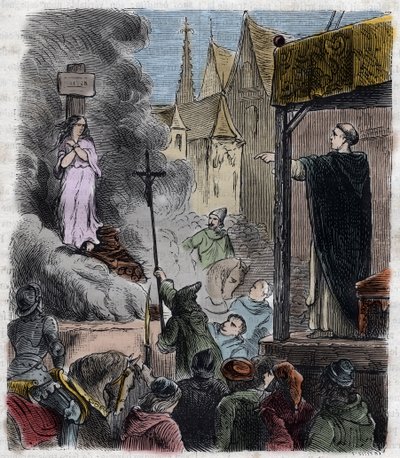 Kruistocht tegen de Albigenzen - Ketters levend verbrand: Katharen op de brandstapel tijdens de kruistocht tegen de Albigenzen in Frankrijk 13e eeuw (gravure uit 1879 in 