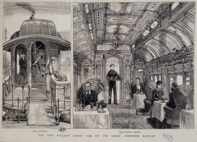Keuken en restaurant van een Pullman-wagon - gravure door Unknown artist