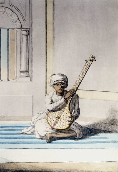 Cultuur, beschaving en Indiase samenleving: Muzikant die Thambourah speelt, traditioneel instrument van India. Gravure 1808 door Unknown artist