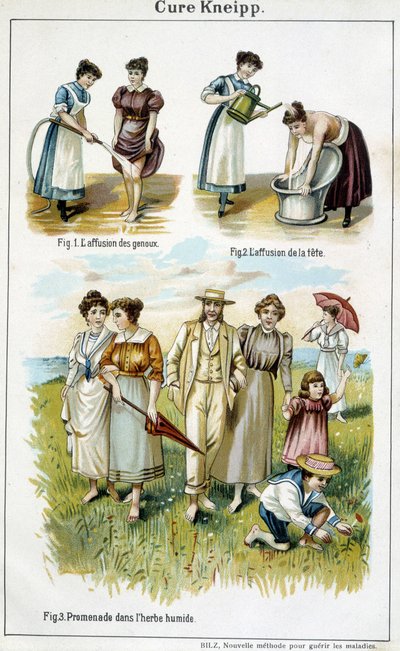 Kneipp-kuur: kniebesprenkeling, hoofdbesprenkeling, wandelen in nat gras - in 