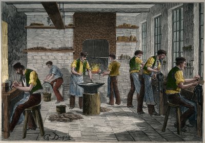 Bestekwerkplaats in Frankrijk in de 19e eeuw. Gravure uit 1885 in 