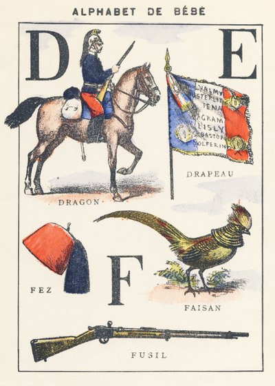 D E F: draak, vlag, fazant, fez, geweer door Unknown artist