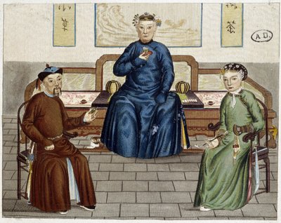 Dagelijks leven van de Chinezen: Thee en tabak - gravure door Unknown artist