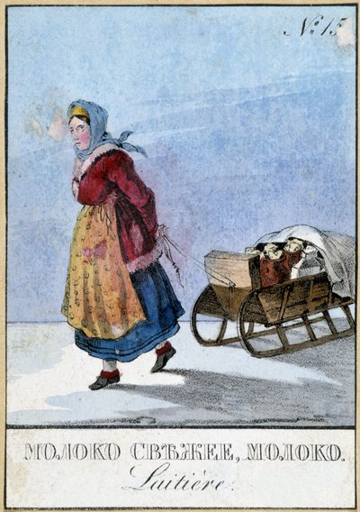 Zuivelvrouw in Rusland die haar melkblikken op een slee vervoert, Bibl. des Arts Deco. door Unknown artist