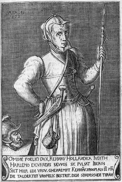 Dame Kenau Simonsdochter Hasselaer (1526-1588), de heldin van Haarlem (Holland) tijdens de strijd tegen de Spanjaarden in 1572. Gravure uit de 17e eeuw vergelijkbaar met Judith van Holofernes door Unknown artist