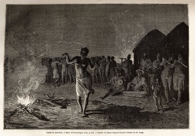 Dans van Malinkes, bevolking en taal van West-Afrika (Guinee, Senegal, Mali en Ivoorkust), dansers verzamelen zich bij het vallen van de avond om het vuur op het ritme van traditionele muziek. Gravure ter illustratie van het verhaal van Luitenant Mage