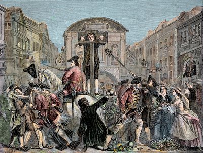 Daniel Defoe (De Foe) (1659-1731) aan de schandpaal in Londen in 1703 voor het publiceren van zijn ironische traktaat 