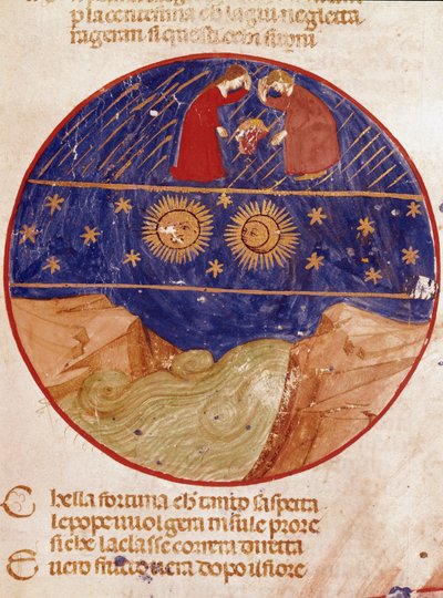 Dante en Beatrice kijken vanuit de hemel naar de aarde en sterren. Verlichte pagina die een lied van het Paradijs illustreert uit de 