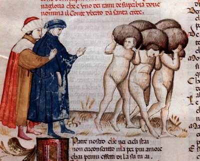 Dante en Vergilius kijken naar graaf en Umberto Aldobrandeschi Oderisi da Gubbio (canto 11 uit het Vagevuur, in de Goddelijke Komedie) - miniatuur 15e eeuw door Unknown artist