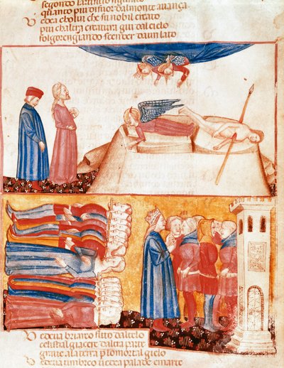 Dante en Virgil ontmoeten de zielen van gewelddadig gestorven mensen. Verlichte pagina die een lied van het Antipurgatorium illustreert uit de 