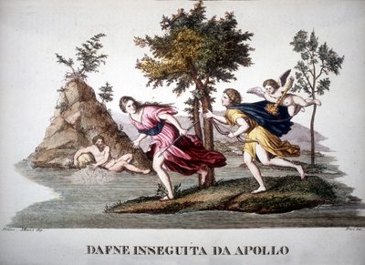 Daphne achtervolgd door Apollon - in Dizionario mitologico door Unknown artist