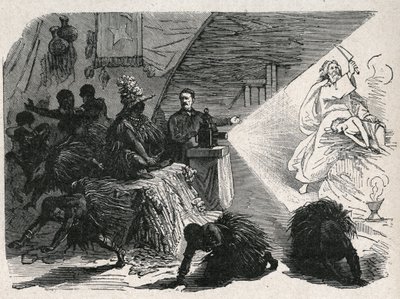 David Livingstone (1813-1873) Schotse missionaris en ontdekkingsreiziger met de toverlantaarn in de Balonda. door Unknown artist