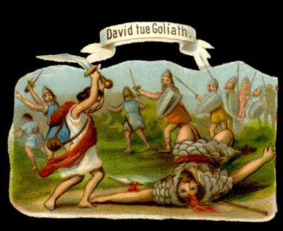 David en Goliath: David doodt Goliath met zijn zwaard. Chromolithografie uit de 19e eeuw door Unknown artist