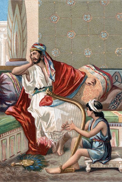 David speelt de cithar voor koning Saul om hem te kalmeren. door Unknown artist