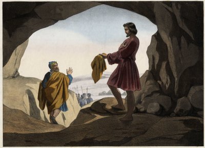 David toonde Saul het stuk van zijn mantel: David weigerde koning Saul te doden, die door God in de grot was gebracht, en sneed alleen een stuk van zijn mantel af. Anonieme gravure uit het midden van de 19e eeuw. door Unknown artist