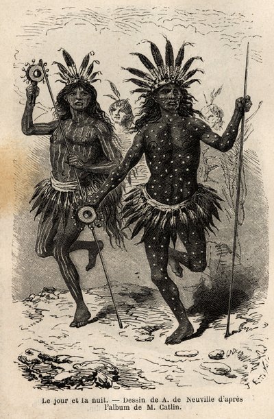 Dag en nacht, schilderijen op het lichaam van de dansers van de religieuze ceremonie en boetedoening, uitgevoerd door de stamhoofden en zijn metgezellen, onder de Mandans Indianen (of noumah ka kie: fazanten), op de linkeroever van Missouri. Gravure ter i door Unknown artist