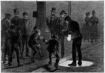 Dood door elektriciteit: elektrificatie met elektrische lantaarns op Place du Carrousel, in Parijs. Gravure in 