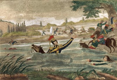Dood van Prins Joseph Antoni Poniatowski (geboren 1763) bij de oversteek van de Elster in 1813, gravure van die tijd door Unknown artist