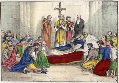 De dood van Sint Augustinus (354-430). Gravure in 