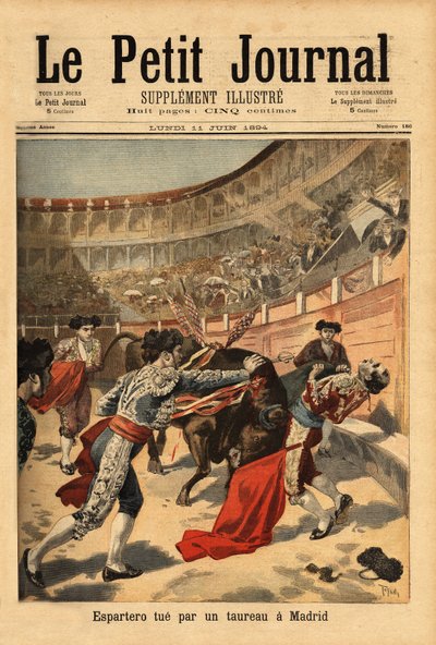Dood van de Spaanse matador Manuel Garcia genaamd Espartero (1865-1894), in de arena