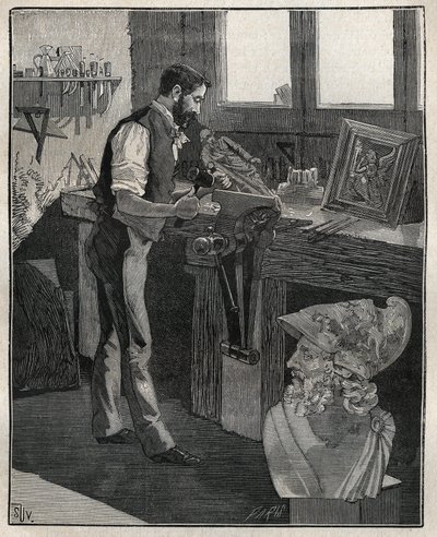Decoratie van zilverwerk: bronsgraveur. Gravure uit 1885 in 