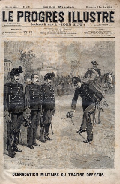 Degradatie van Alfred Dreyfus - Dreyfus-affaire: De degradatie van Alfred Dreyfus op de binnenplaats van de Militaire School, Parijs, 5 januari 1895 - Gravure in 