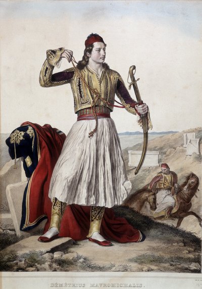 Demetrius Mavromichalis in traditioneel ruiterkostuum - lithografie door Unknown artist