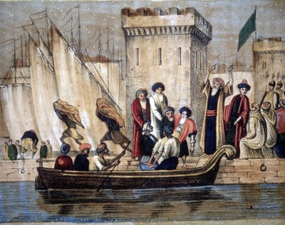 Vertrek van de Moren uit Algiers, na de kolonisatie door de Fransen, een oude of zieke man wordt op een boot geladen. 19e eeuw door Unknown artist