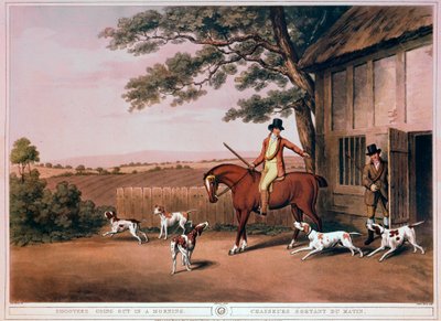 Vertrokken voor de jacht in de vroege ochtend van een jager en zijn honden in Engeland. Gravure van de 19e eeuw. Gien, jachtmuseum door Unknown artist