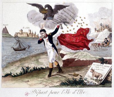 Vertrek naar het eiland Elba: Napoleon houdt een bel vast, een keizerlijke adelaar boven hem herinnert hem aan zijn titels, Moskou in vlammen op de achtergrond, en op de voorgrond: Fabel van Lafontaine: 