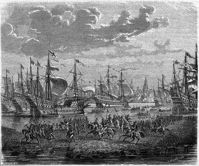 Afdaling van Hendrik VIII (koning van Engeland) naar Calais om Boulogne te belegeren (1544) door Unknown artist