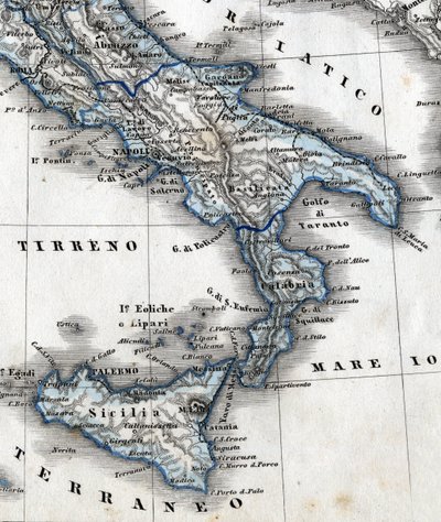 Detail van een geografische kaart die Zuid-Italië (Campania, Calabrië, Sicilië, Puglia, Molise Abruzzo regio