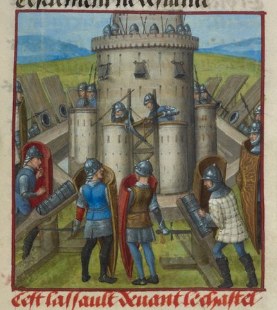 (detail) van een miniatuur die een aanval op het kasteel toont, uit 