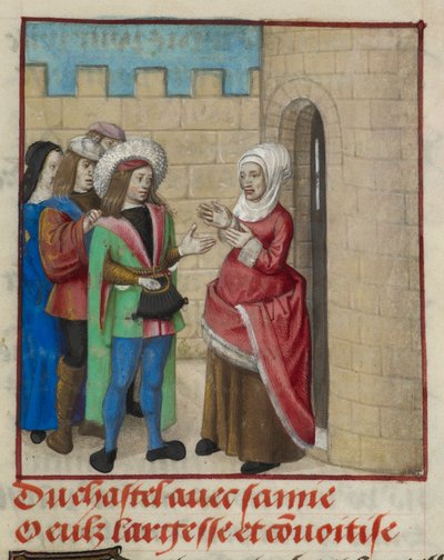 (detail) van een miniatuur van Convoitise (Hebzucht) en Largesse (Gulheid) die het kasteel binnengaan, uit 