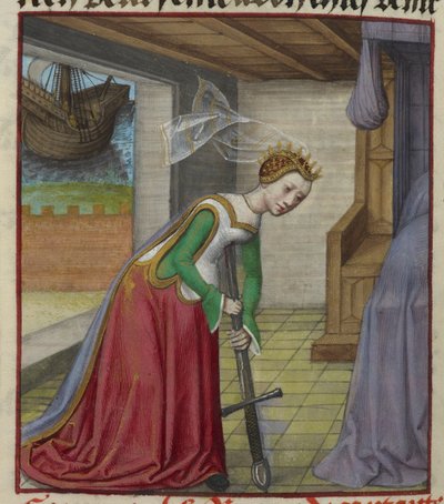 Detail van een miniatuur van Dido die op haar zwaard valt en zelfmoord pleegt na het verraad van Aeneas, uit 