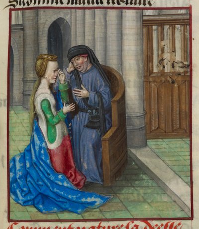 (detail) van een miniatuur van de Natuur die biecht bij een priester, uit 