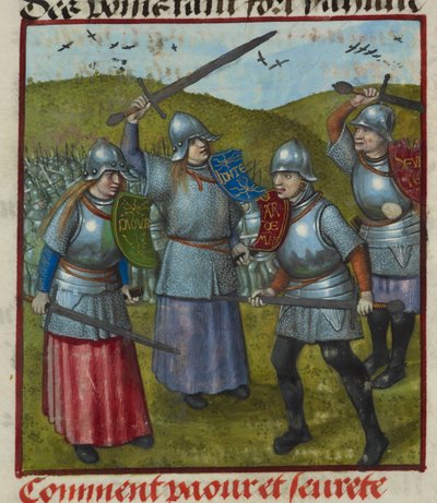 (detail) van een miniatuur van Peur, Honte en andere allegorieën die vechten. Mannen en vrouwen in harnas, vechtend, uit 