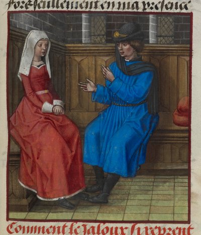 (detail) van een miniatuur van een jaloerse man en zijn vrouw, zittend, uit 