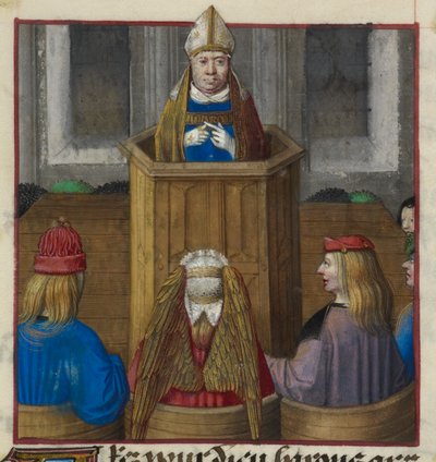 (detail) van een miniatuur van een priester die predikt tot de legers van Venus, uit 