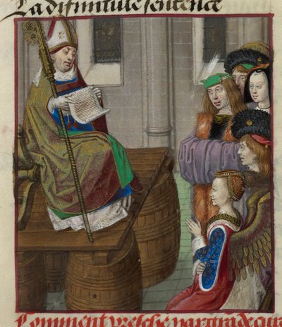 (detail) van een miniatuur van een priester die preekt voor de legers van Venus, uit 