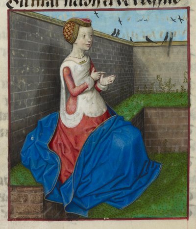 Detail van een miniatuur van een zittende vrouw in een ommuurde tuin, die op haar vingers telt, uit 