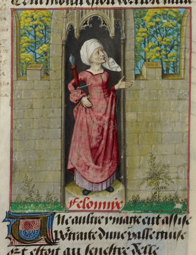 Detail van een miniatuur van de allegorische figuur van Feloniye (Misdaad), in de eerste kolom van het folio, uit 