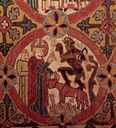 Detail van een borduurwerk dat de Verleiding van Sint Maarten uitbeeldt. IJslands wandtapijt. 1390-1403. Parijs, Nationaal Museum van de Middeleeuwen, Thermen van Cluny door Unknown artist