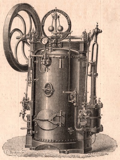 Gedetailleerd technisch overzicht van een kleine stoommachine geproduceerd in Parijs in 1866: ketel, cilinder, zuiger, drijfstang en vliegwiel door Unknown