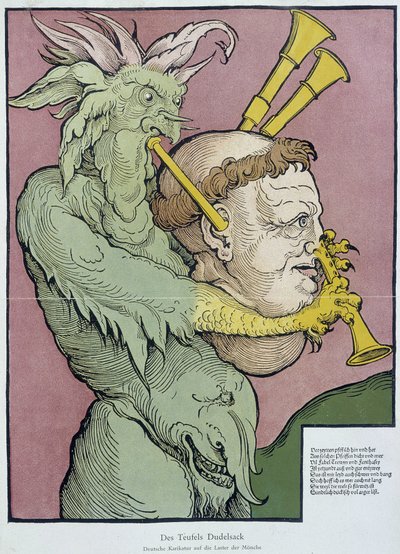 Duivel die doedelzak speelt met een monnikshoofd - gravure door Unknown artist