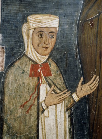 Vrome Saramalyna Anastasia in 14e-eeuwse kleding, fresco in Byzantijnse kerk van Onze-Lieve-Vrouw van Asinou (12e eeuw) (Unesco Werelderfgoedlijst, 2001), Troodos-gebergte, Cyprus door Unknown artist