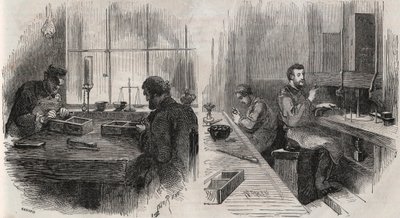 Diamantslijpen in een werkplaats in Nederland: splijters en polijsters - Gravure in 