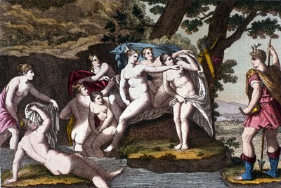 Diana betrapt in het bad door de jager Acteon. Gravure uit 